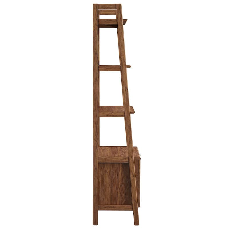 Balsam Sleek 5-Shelf Ladder Walnut Wooden Bookcase with Storage Cabinet