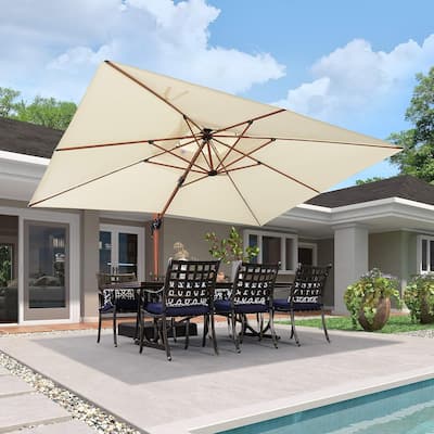PURPLE LEAF 9 x 12ft Rectangle Wood Pattern Patio Cantilever Umbrella with Base