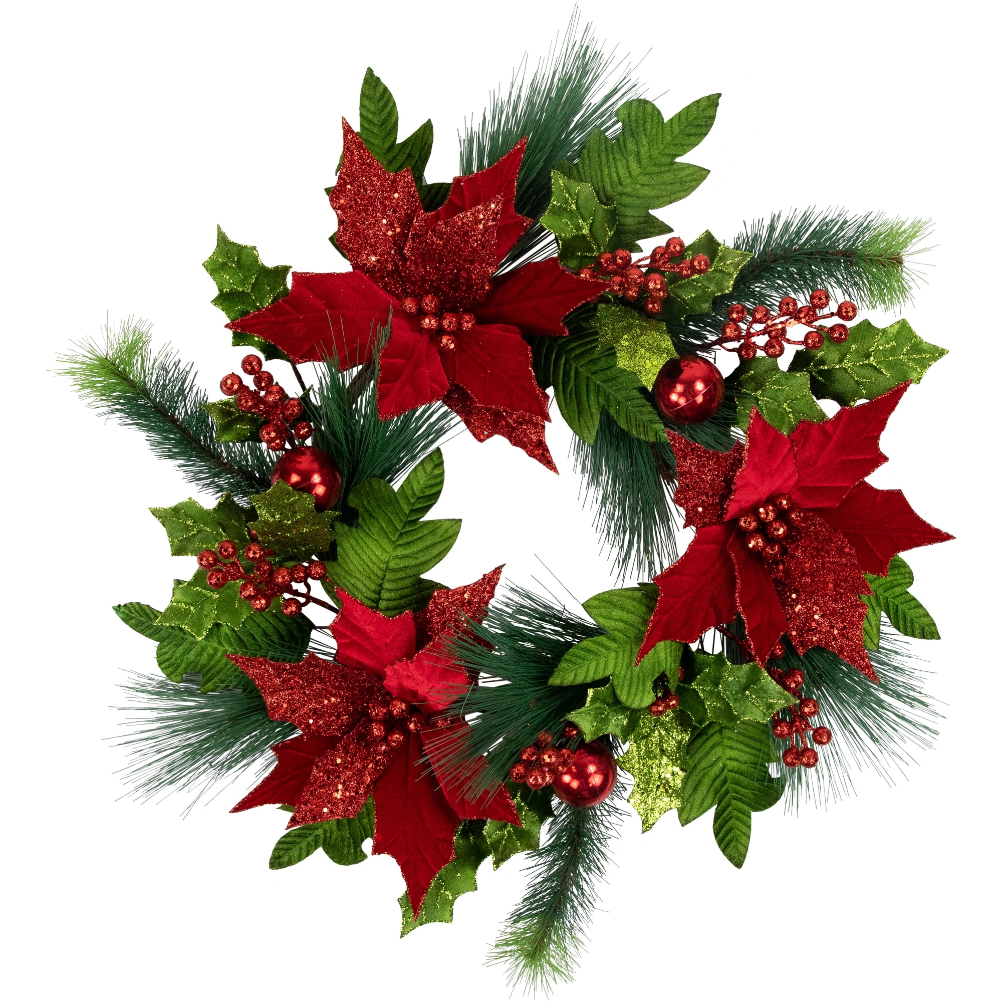 24" Glittered Red Poinsettia and Long Pine Christmas Wreath Unlit