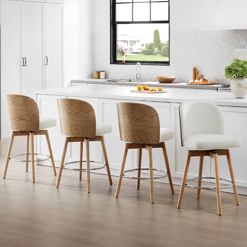 Tomlin Bentwood Upholstered Swivel Counter Stool Set Of 2 Off White Boucle