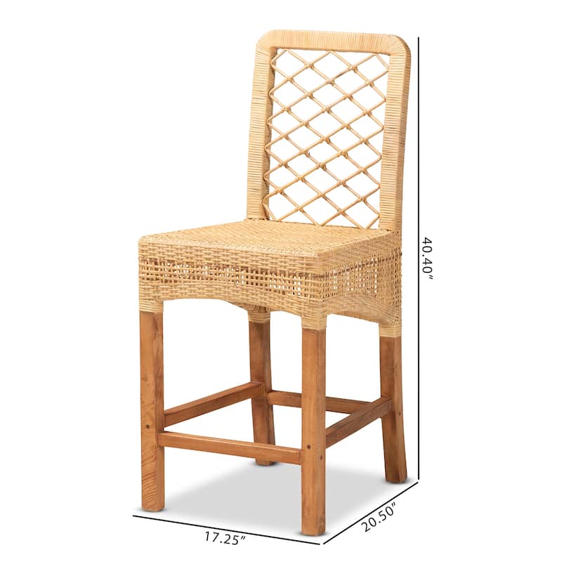 Moscow Modern Bohemian Natural Brown Rattan and Wood Counter Stool