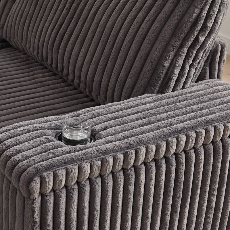 110" Corduroy L-Shaped Sectional Sofa with Storage, USB Charging and Cup Holders