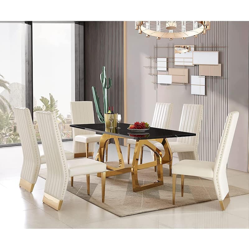 Modern Channel High Back Dining Chairs with Nailhead Trims and Polished Metal Legs
