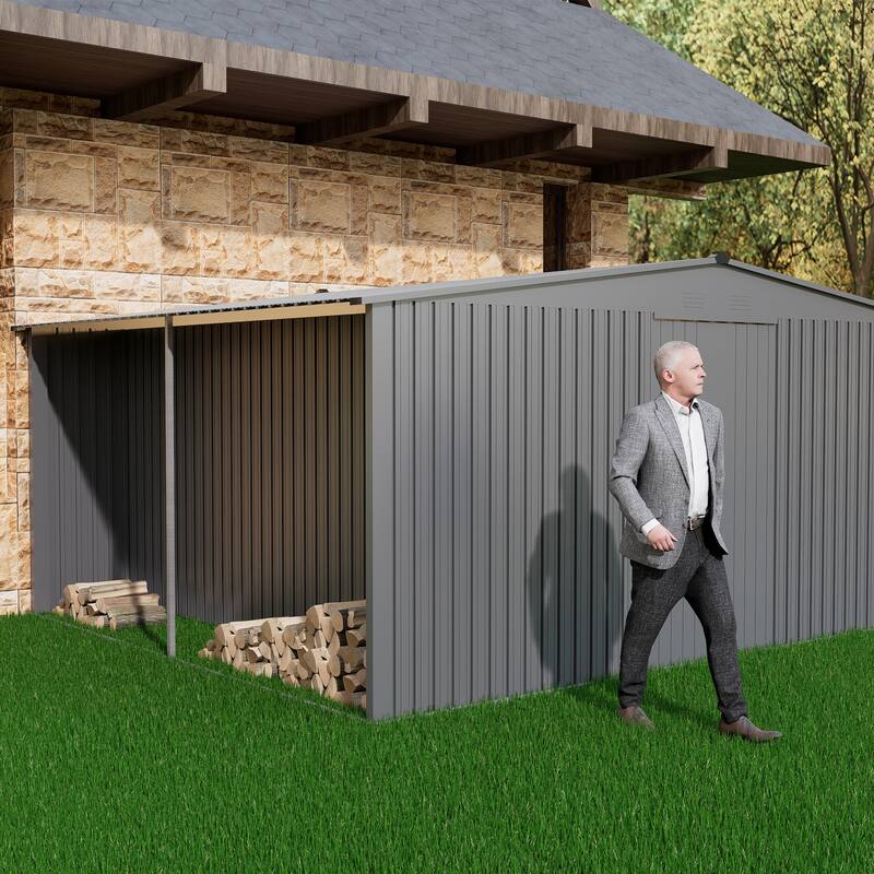 14x12 ft Outdoor Storage Shed, Metal Shed Firewood Shed, Grey