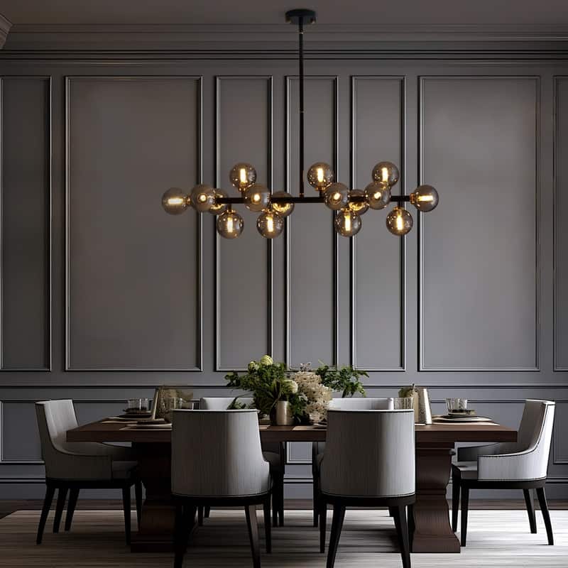 40 in. Black Modern Chandelier 16-Light Sputnik Pendant Light with Smoky Gray Globe Glass Shade for Kitchen Island Dining Table