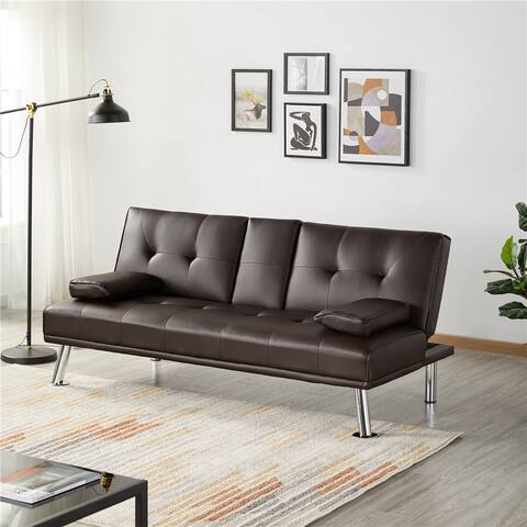 LuxuryGoods Modern Faux Leather Futon with Cupholders and Pillows, Espresso