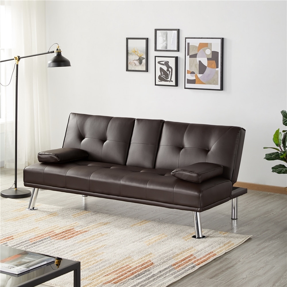 LuxuryGoods Modern Faux Leather Futon with Cupholders and Pillows
