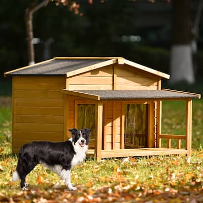 47.2" Large Wooden Dog House Outdoor, Outdoor & Indoor Dog Crate, Cabin Style, With Porch, 2 Doors