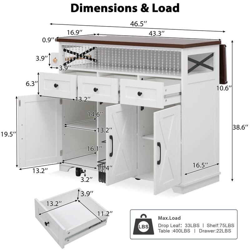 46.5'' Farmhouse Kitchen Island with Drape of Beads, Power Outlet, Drop Leaf, Rolling Wheels, 3 Doors and 3 Drawers