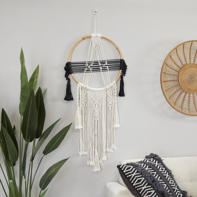 Cotton Fabric Macrame Handmade Intricately Weaved Wall Decor with Beaded Fringe Tassels - Black - Roche River Decor
