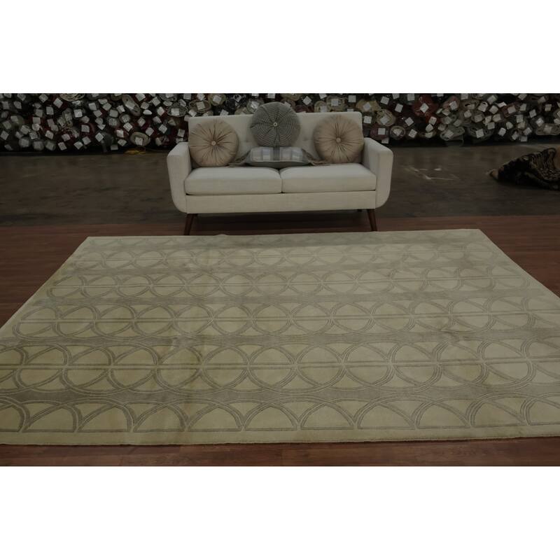 Hand Knotted Oriental 100% Wool Carpet Modern Geometric Beige & Ivories Nepalese Area Rug - 9' 8'' X 8' 2''