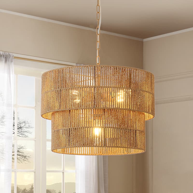 5-Light Rattan Tiered Drum Chandelier Light -21.7 in. W - 21.7 in. W - 21.7 in. W