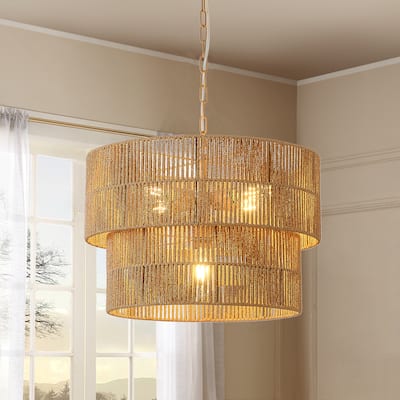 5-Light Rattan Tiered Drum Chandelier Light -21.7 in. W - 21.7 in. W
