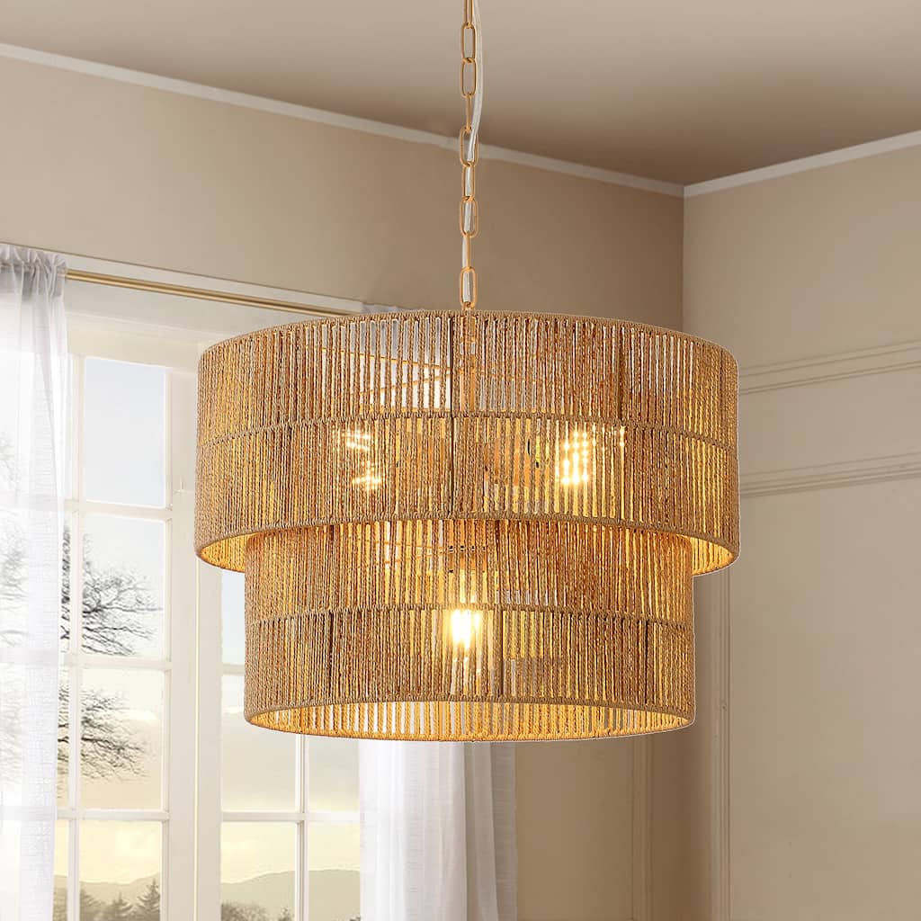 5-Light Rattan Tiered Drum Chandelier Light -21.7 in. W - 21.7 in. W