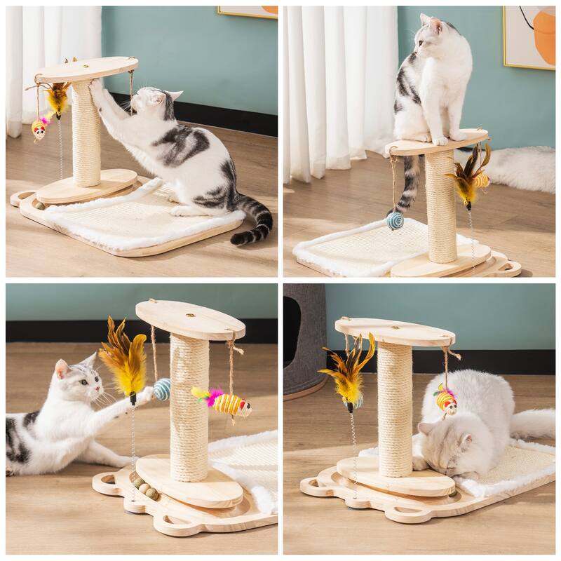 Cat Toy 1-Layer Turntable Cat Ball Toy with Feather Stick,Cat Toy with 5 Interactive Balls ,Cat Scratching Post with Mat