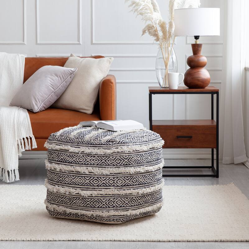 Jani Ouray 20 x 20 x 20 Blue & Ivory Square Pouf Ottoman - Handmade Footrest for Living Room, Bedroom, Nursery