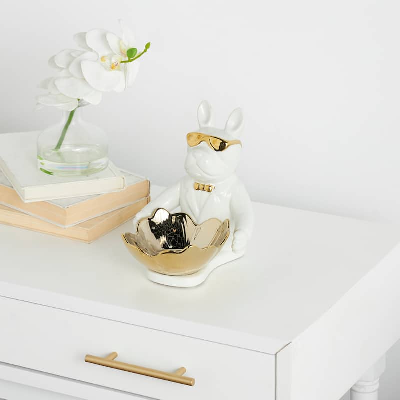 Black or White Ceramic Bulldog Sculpture with Gold Accents - White