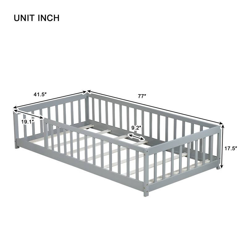 Roomfitters Twin Rubber Wood Floor Bed with Fence, Safety Guardrails, Low Profile Platform Design