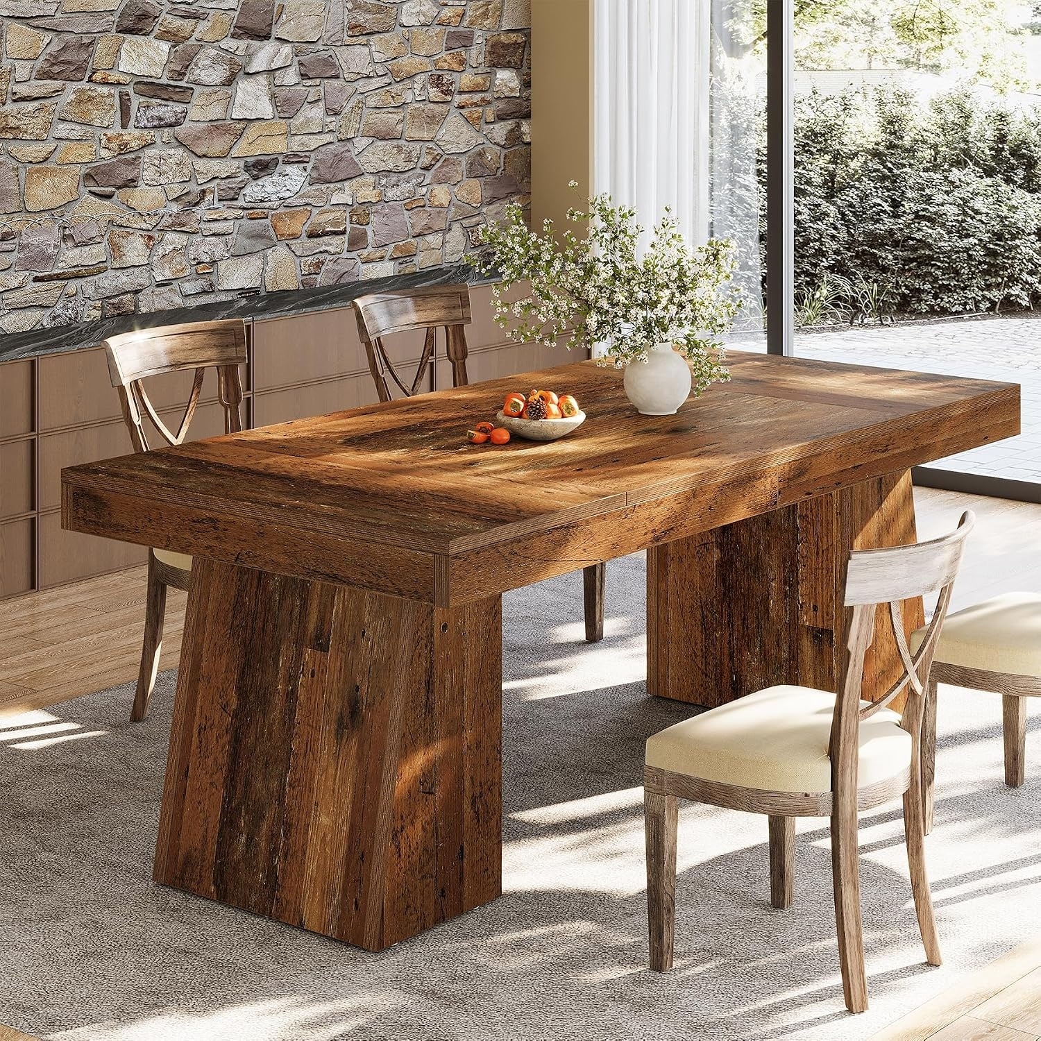 55-Inch Dining Table, Farmhouse Double Pedestal Table for 4-6