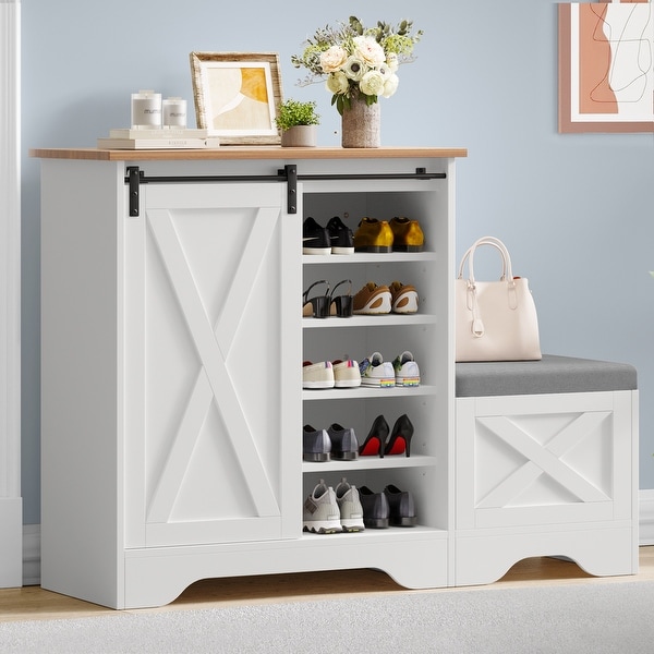 Farmhouse Shoe Cabinet with Sliding Door Shoe Bench 5 Tier Shoe Storage Cabinet with Adjustable Shelves for 20 Pairs On Sale Bed Bath Beyond 40951684