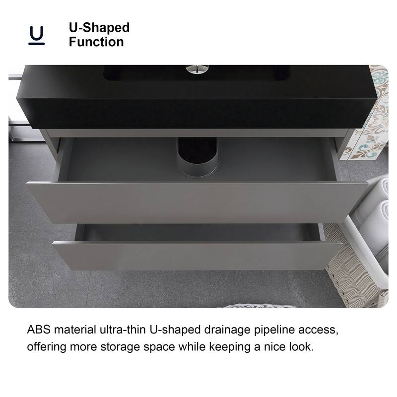 Floating Bathroom Vanity with Black Solid Surface Top