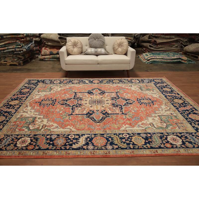 Hand Knotted Oriental 100% Wool Carpet Traditional Medallion Oranges & Rust Heriz (serapi) Area Rug - 10' 3'' X 8' 3''