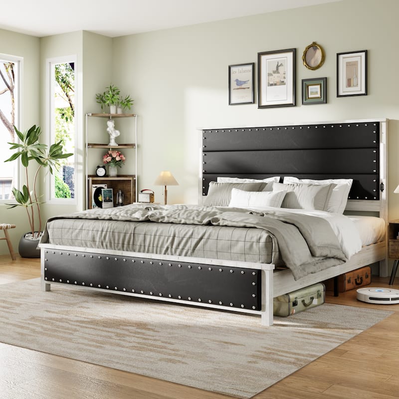 King Bed Frame with Headboard, Charging Station and LED Lights, Wood Slats, Faux Leather & Rivets, No Box Spring Needed - Antique White+Gray