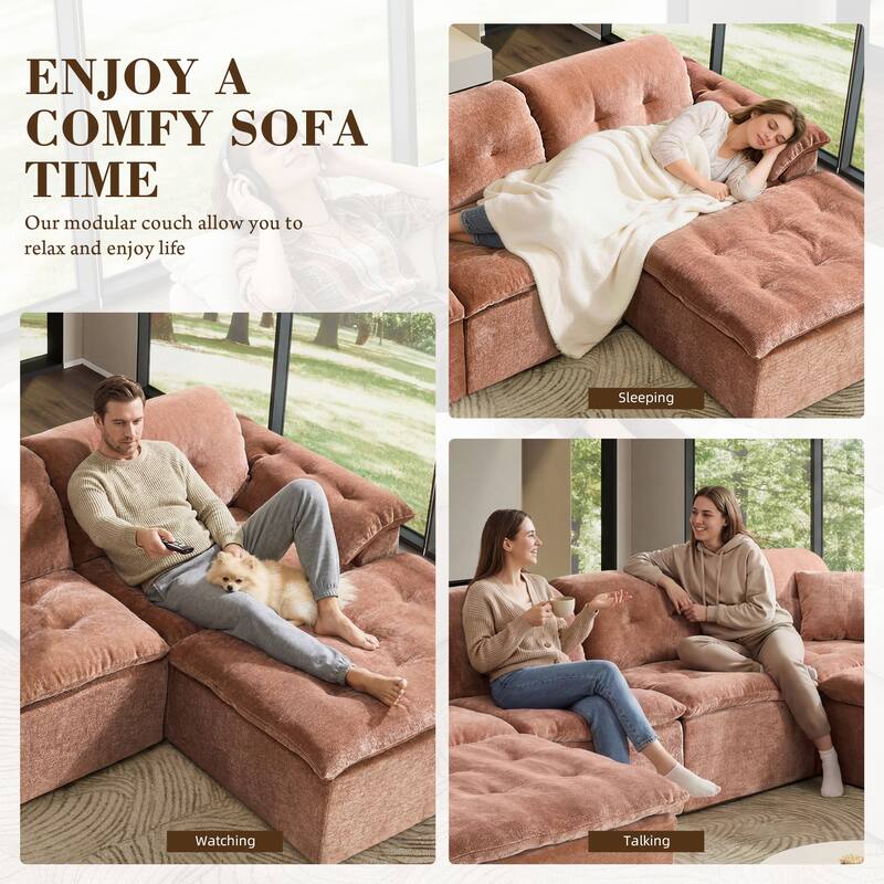Rossetta 4-Seater Chenille Upholstery Modular Convertible Design Generous Seating Cushioned Sofa with 2 Versatile Ottomans