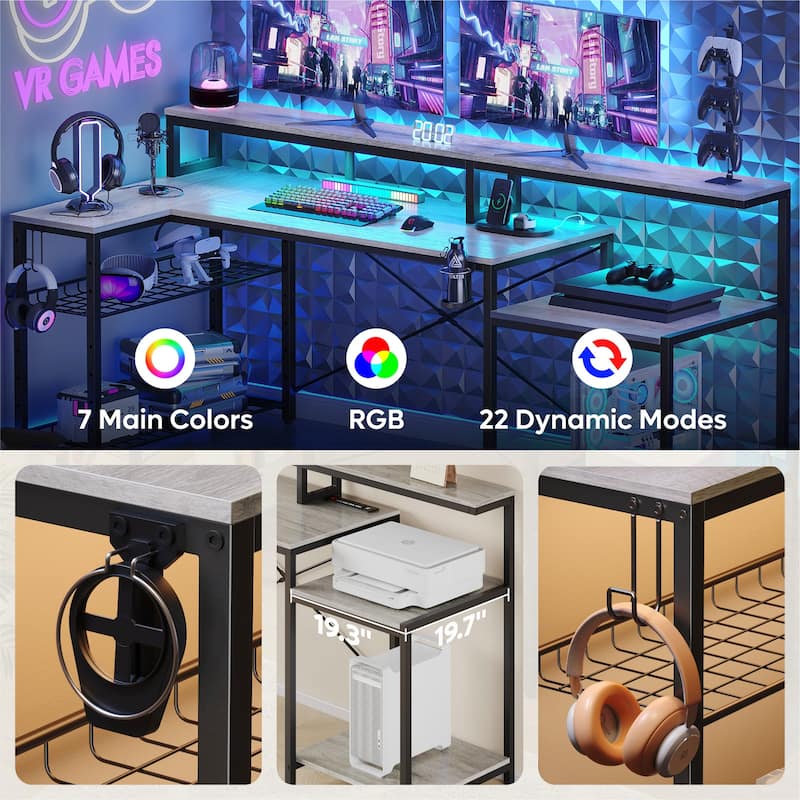 Bestier 71.5“” Computer Desk with Power Outlets, L Shaped LED Home Office Desk with Long Monitor Stand and Cup Holder & Hooks