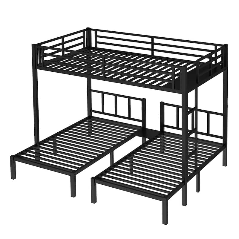 Space-Saving Metal Triple Bunk Bed with Safety Guardrails, Twin over Twin & Queen, Noise Reduced, Black