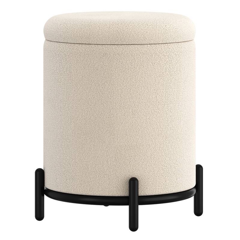 Modern Boucle Fabric Round Storage Ottoman - Cream