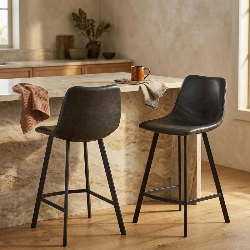 Elland Modern Minimalist Leather Upholstered Bar Stool with Accent Black Metal Base and Back Support for Home Bar or Kitchen