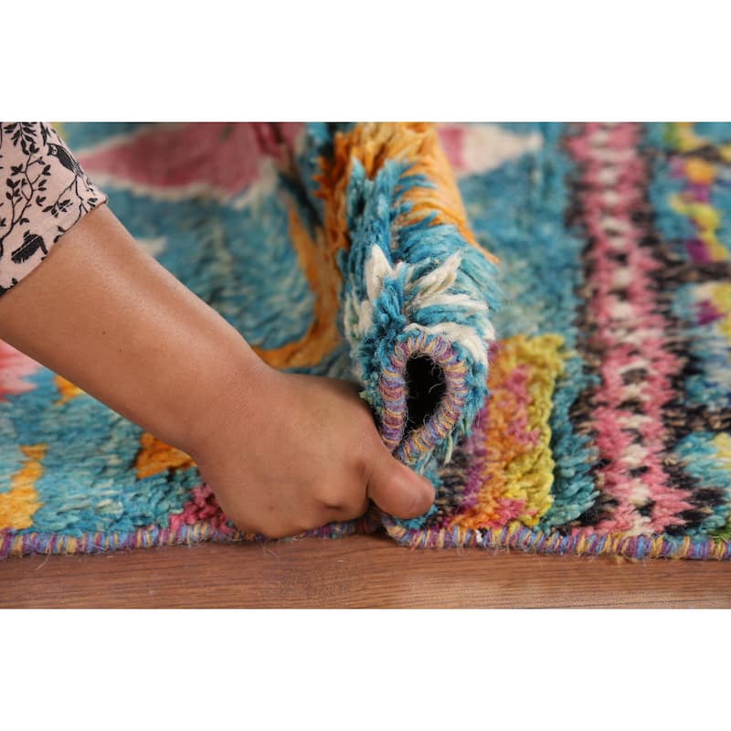 Hand Knotted Oriental 100% Wool Carpet Modern Tribal Navy Blue & Blues Moroccan Area Rug - 9' 8'' X 6' 2''