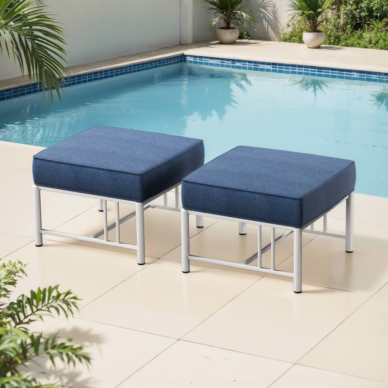 Gymojoy Outdoor Ottoman with Olefin Cushion, Weather-Resistant Patio Footrest for Deck & Porch - Blue - 2-Piece
