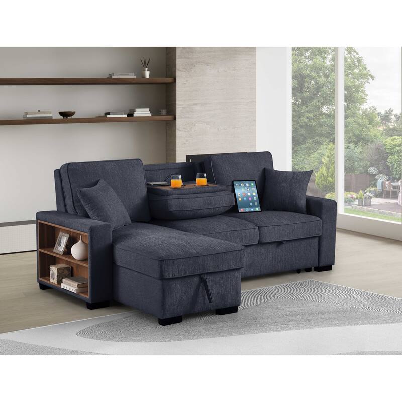 Chenille Reversible Sectional Sofa Convertible Pull Out Couch Bed