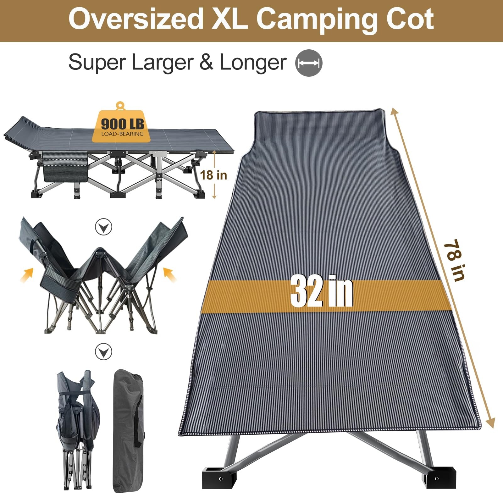 XXL Oversized Camping Cot With Mattress - Heavy Duty Folding Bed For Adults With 600lb Capacity & Carry Bag