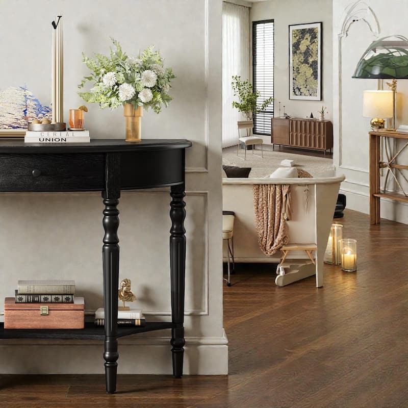 Farmhouse Half Moon Console Table with Drawer and Shelf, Rustic Solid Wood Entryway Sofa Table