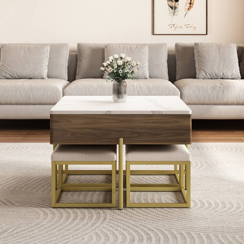 Mid-Century Lift Top Coffee Table Set, Large Square Storage Coffee Table with 4 Ottomans, Family Gathering Wooden Center Table