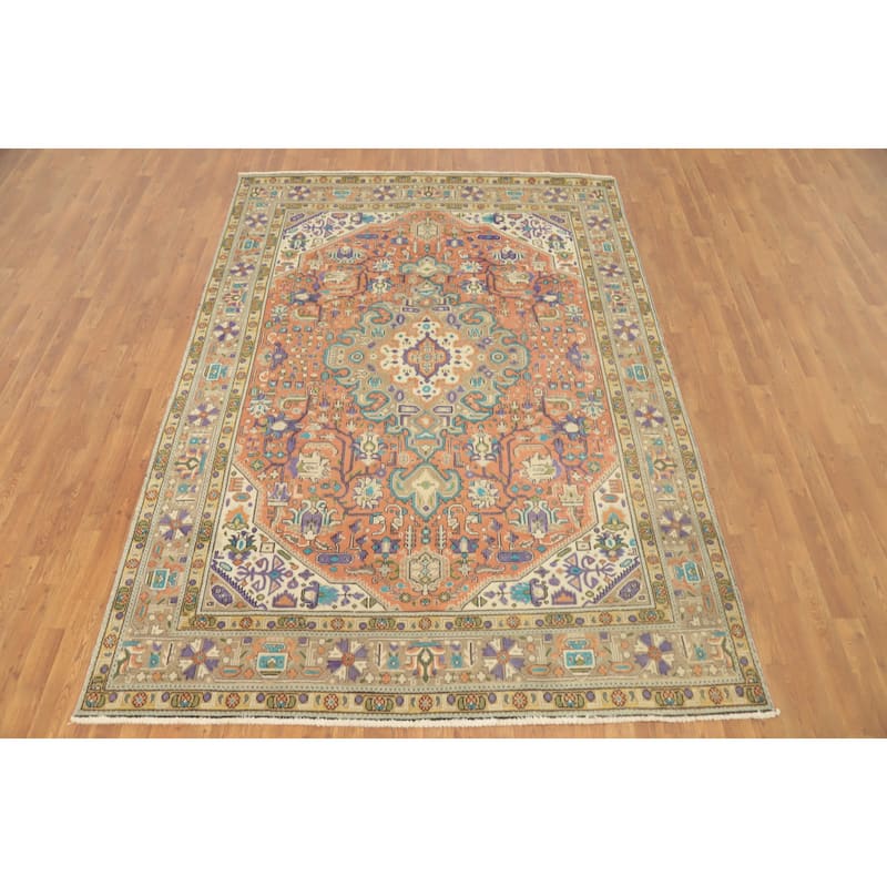 Hand Knotted Oriental 100% Wool Carpet Traditional Floral Oranges & Rust Tabriz Area Rug - 9' 3'' X 6' 5''