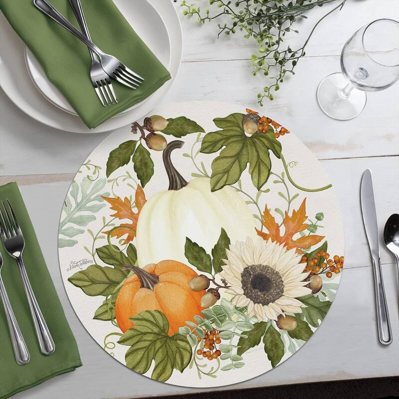 Farmhouse Fall Round Reversible Easy Care Flexible Plastic Placemat 4 Pack Made in The USA