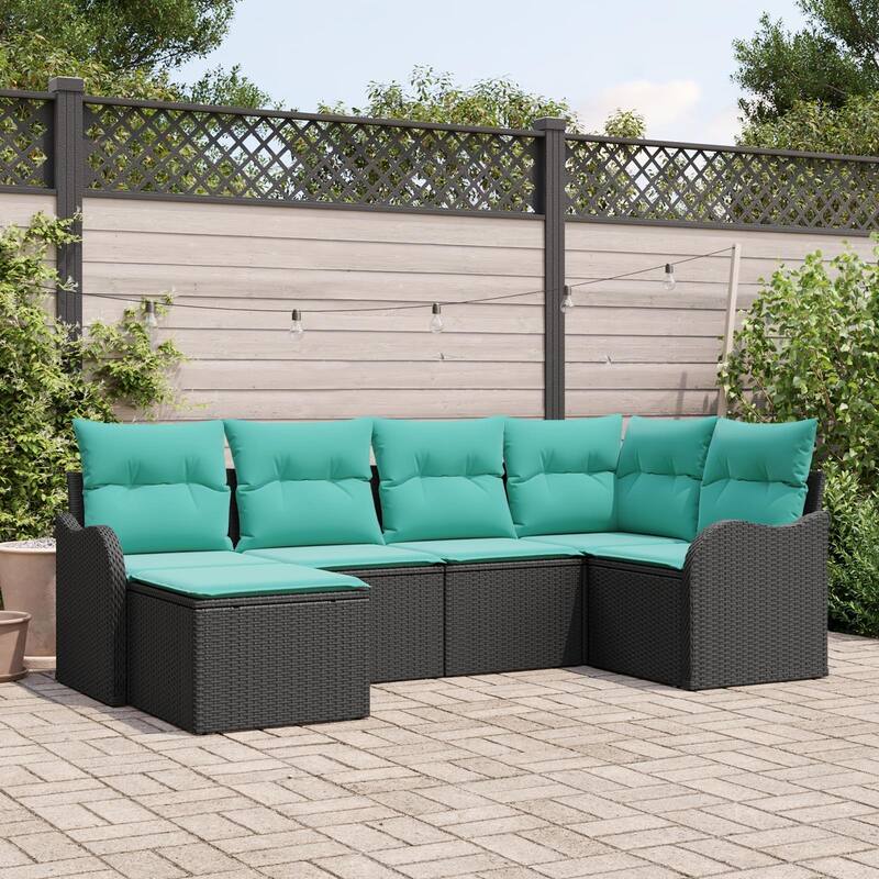 vidaXL 6 Garden Sofa Set with Cushions Black Poly Rattan - 91.5 x 48.2 x 27.2 - Black without table