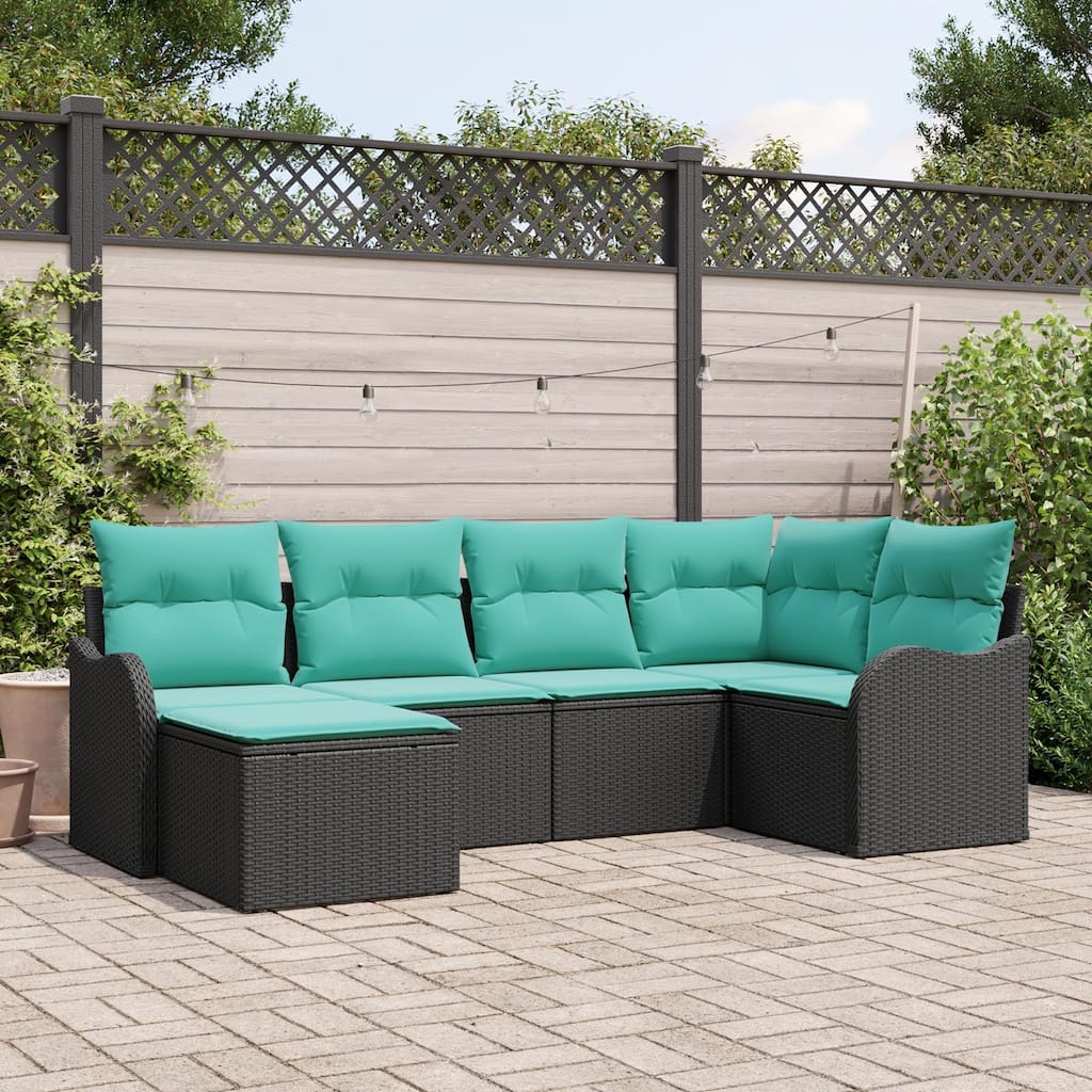 vidaXL 6 Garden Sofa Set with Cushions Black Poly Rattan - 91.5 x 48.2 x 27.2