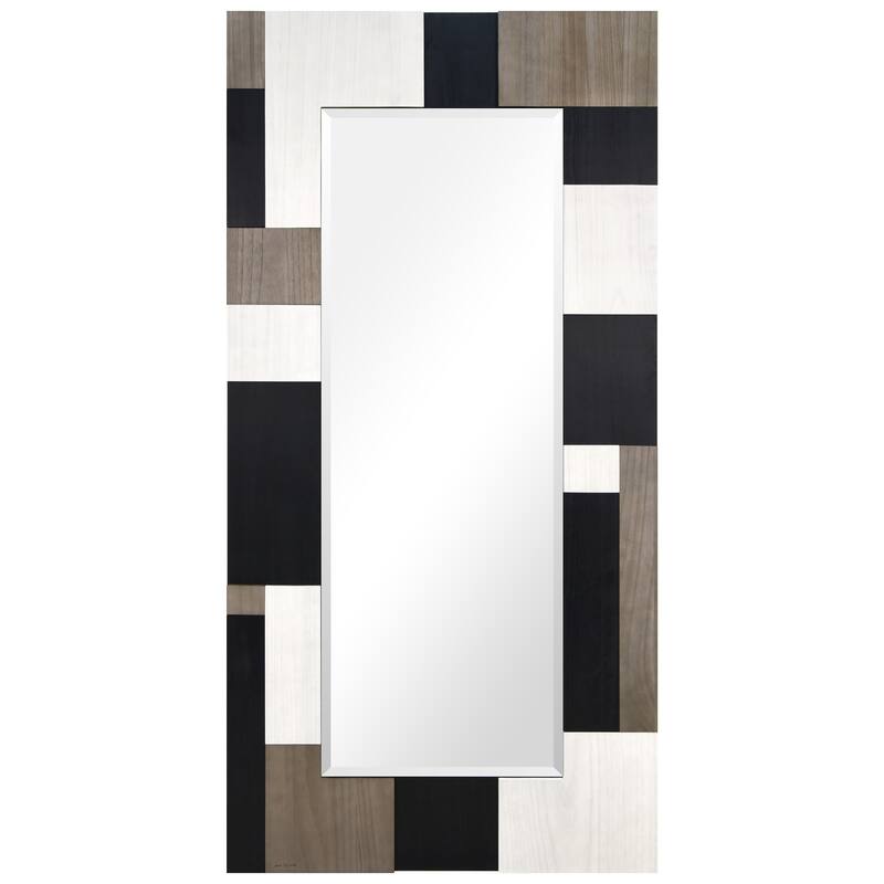 Geometric Blocks Hand Made Solid Paulownia Wood Beveled Leaner Mirror - Black/Grey