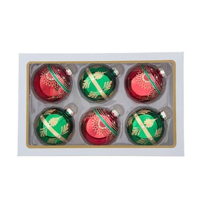 Kurt Adler 80MM Glass Red and Green Decorative Ball Ornaments, 6-Piece Set