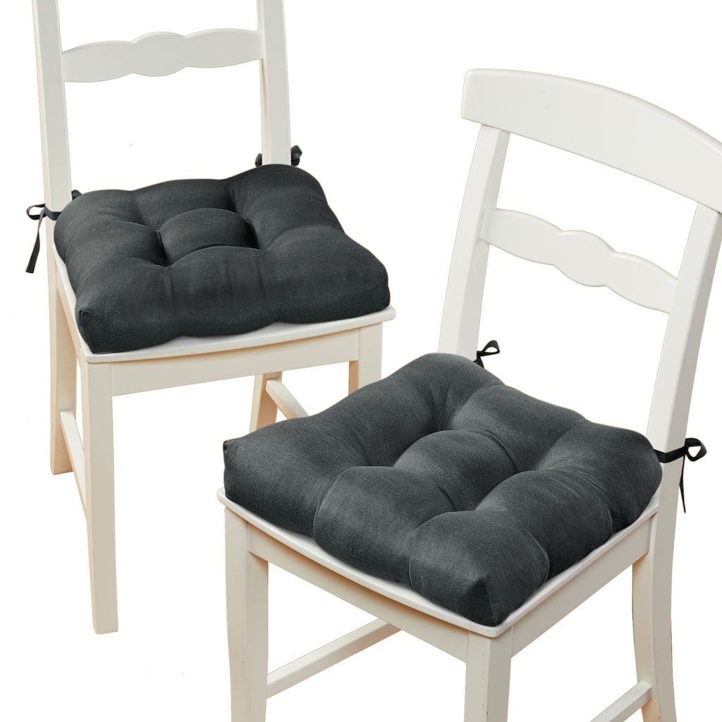 Solid Color Tufted Chair Cushions with Tiebacks - Set of 2 - CHAIR CUSH