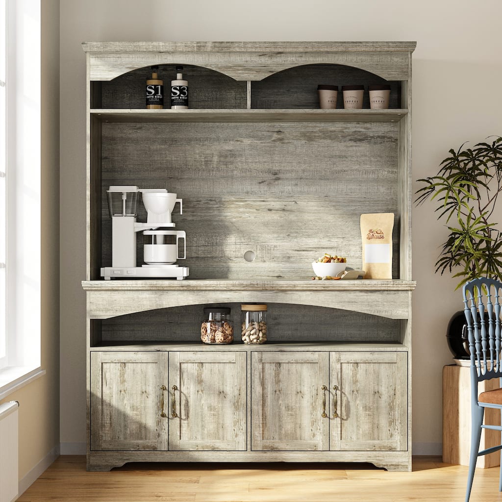 Coffee Bar Cabinet with Hutch and Storage Shelves Rustic Buffet Cabinet with 4 Doors for Kitchen or Dining Room