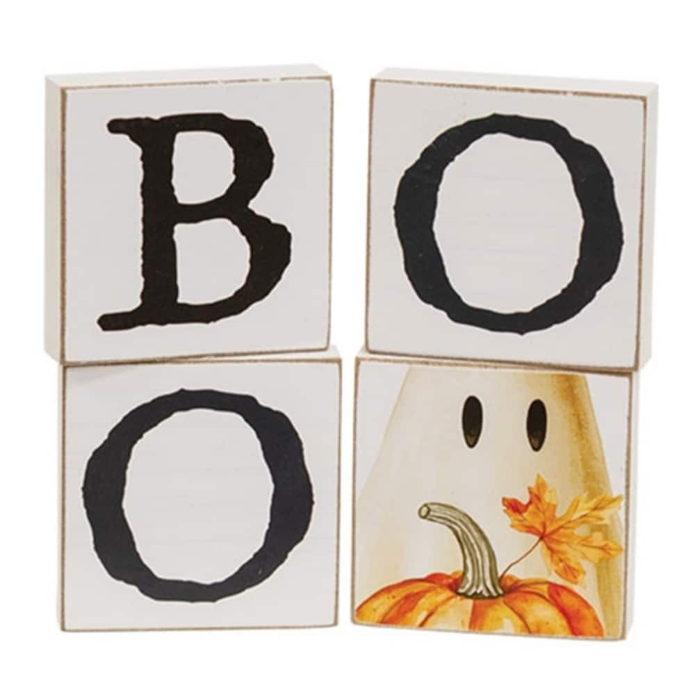 Set of 4 White Painted Wooden Boo Blocks Set of 4 with Pumpkin and Ghost Design for Fall Decor - 2" H x 2" W x 0.5" D