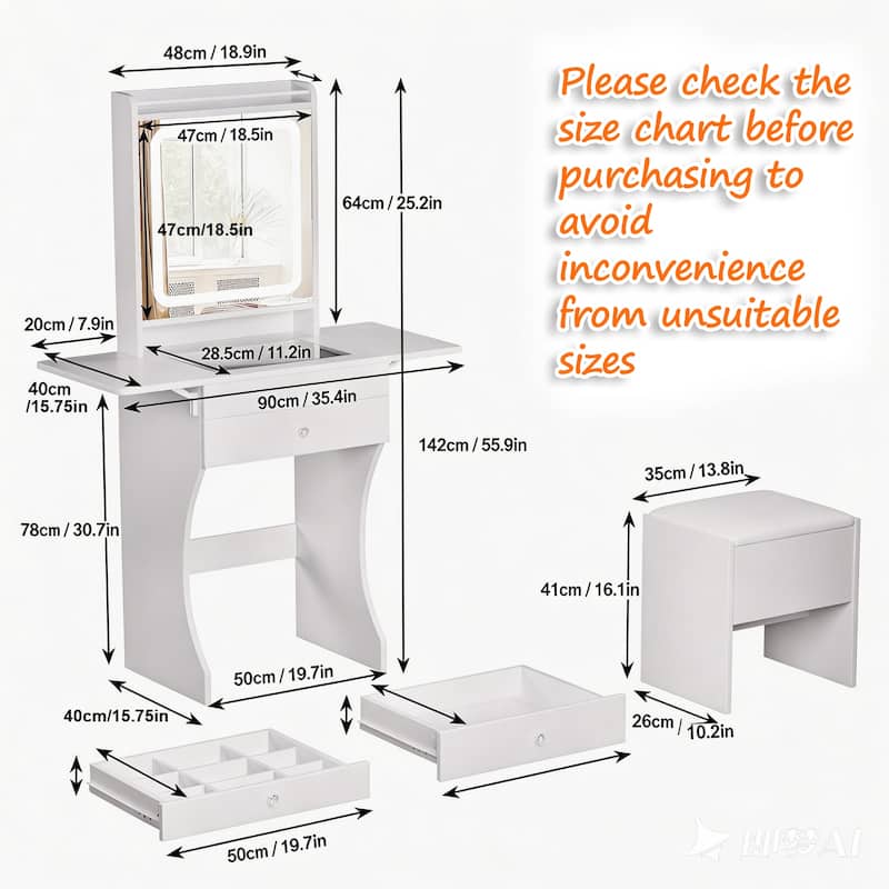 Vanity Set for Small Bedrooms - Small Space Makeup Vanity with Stool, Compartmentalized Drawers & 20cm Foldable Side Tables