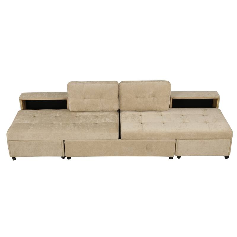 121.2" Chenille Modular Sofa Bed with Two Storage Racks, Free-Combined Design, and Smooth-Rolling Wheels