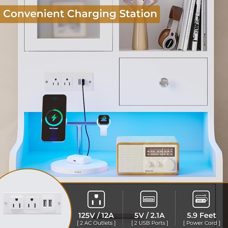 Tall Nightstand Charging Station 3 Drawers & Shelves LED Glass Door